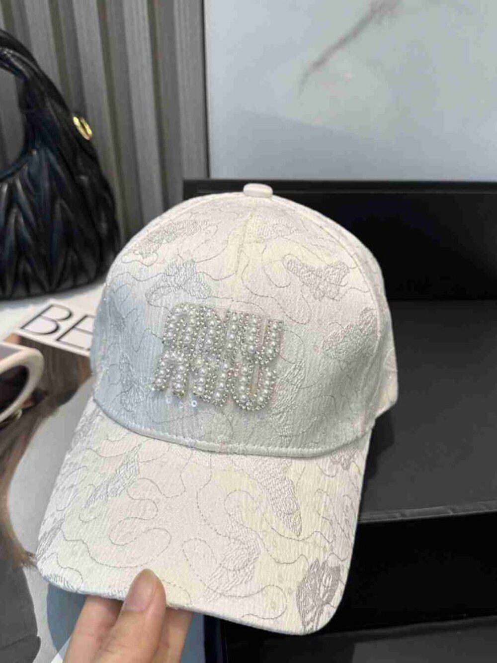 Miu Miu White Lace Baseball Cap with Crystal Logo